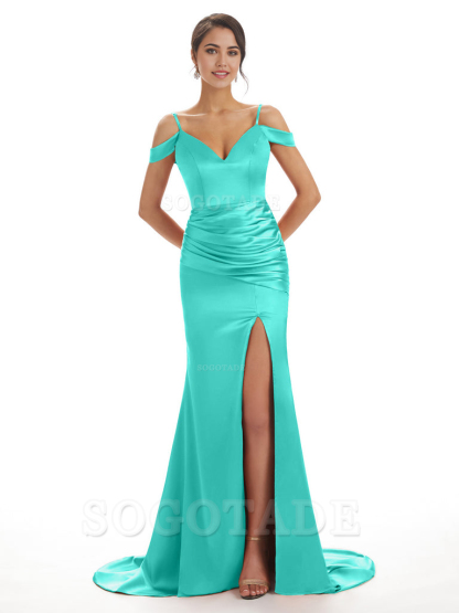 Mermaid Off The Shoulder Satin formal dresses evening gown Bridesmaid Dresses With Side Slit 