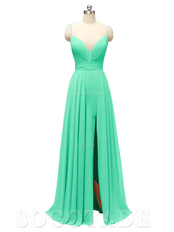 Honest Chiffon Spaghetti Straps Slit Long Bridesmaid Dresses prom shop dresses