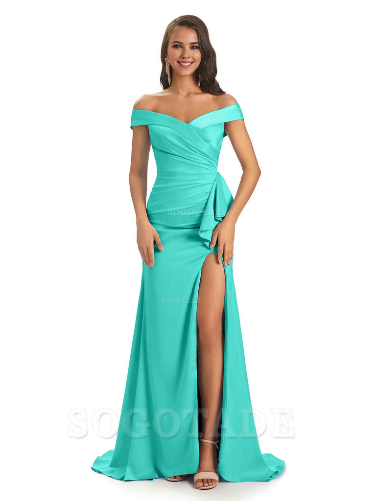 Sexy Soft Satin Side Slit Off The Shoulder Maxi Long Mermaid Bridesmaid Dresses prom shop dresses