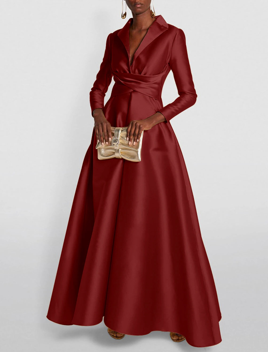 A-Line Evening Gown Elegant Christmas Red Green Dress Formal Wedding Guest Floor Length Long Sleeve Shirt Collar Satin with Ruched 2024-SOGOTADE