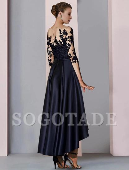 A-Line Mother of the Bride Dress Fall Wedding Guest Elegant High Low Scoop Neck Asymmetrical Tea Length Satin Lace 3/4 Length Sleeve with Pleats Appliques-SOGOTADE