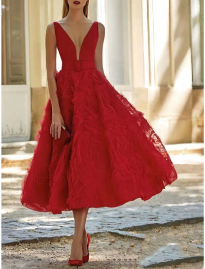 A-Line Evening Gown Backless Dress Wedding Guest Birthday Tea Length Sleeveless V Neck Belt / Sash Lace with Pleats 2024-SOGOTADE