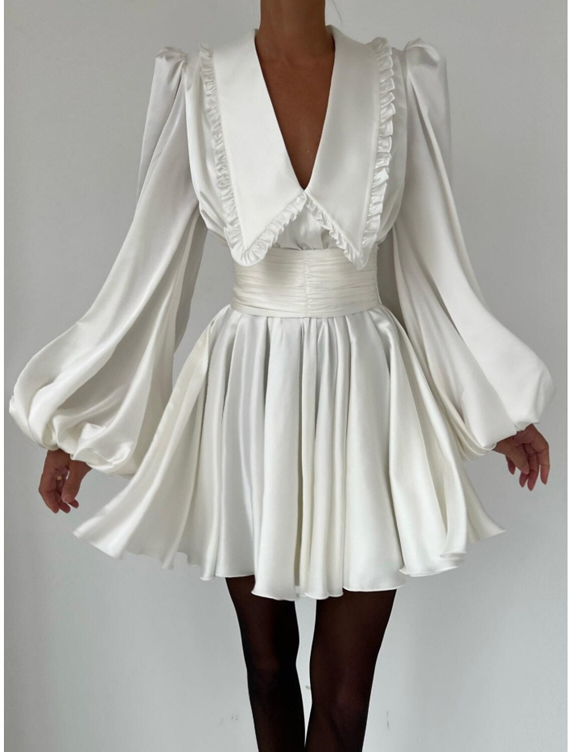 A-Line Homecoming Dresses Vintage Dress Homecoming Short / Mini Black Dress Long Sleeve V Neck Satin with Pleats Ruched Ruffles-SOGOTADE