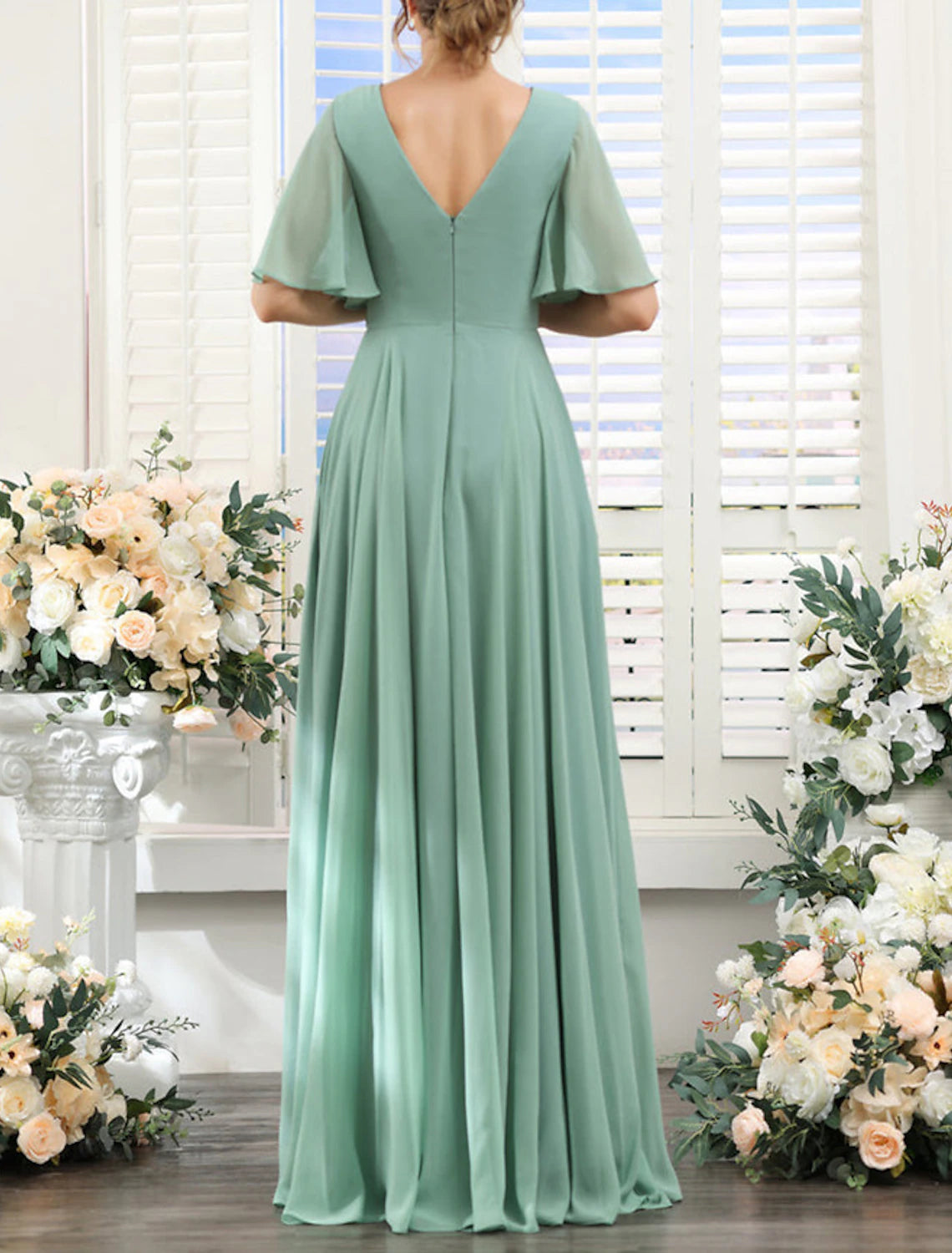 A-Line Bridesmaid Dress V Neck Short Sleeve Elegant Floor Length Chiffon with Split Front / Ruching-SOGOTADE