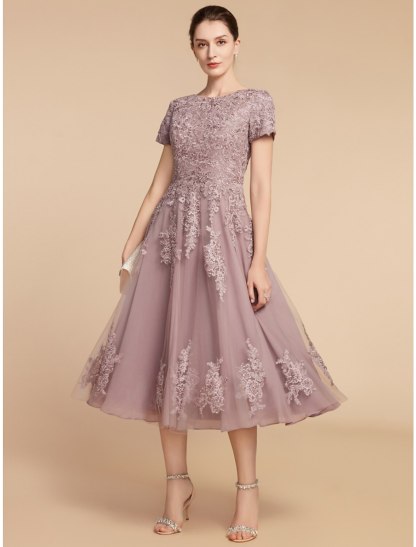 A-Line Mother of the Bride Dress Wedding Guest Elegant Petite Jewel Neck Tea Length Lace Tulle Short Sleeve with Ruching Flower-SOGOTADE
