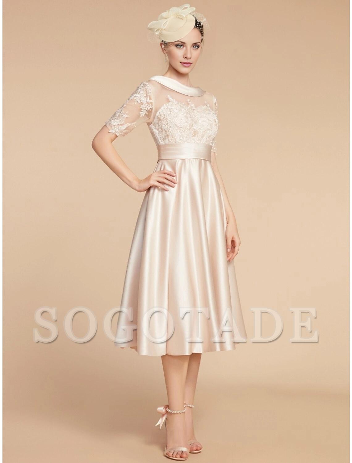 A-Line Mother of the Bride Dress Wedding Guest Elegant Petite Scoop Neck Knee Length Satin Lace Half Sleeve with Appliques Ruching Solid Color-SOGOTADE