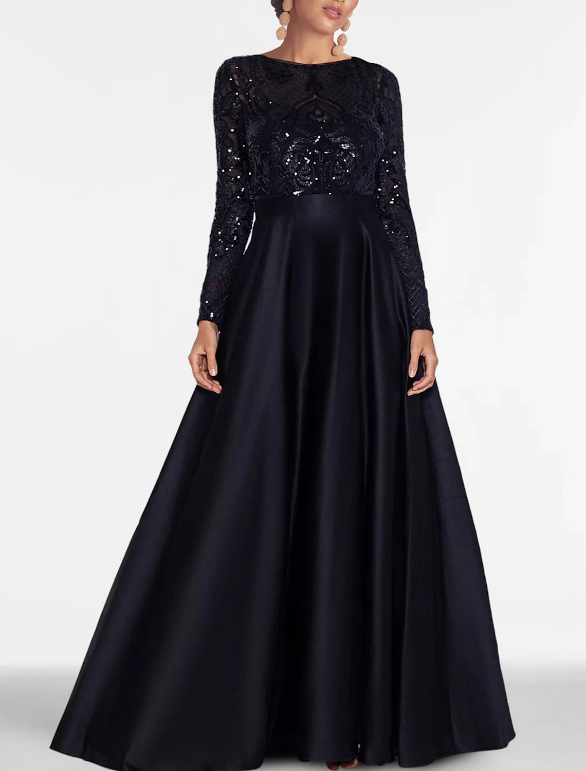 A-Line Evening Gown Elegant Black Dress Plus Size Formal Sequin Satin Dress Black Tie Floor Length Long Sleeve Off Shoulder Fall Wedding Guest with Slit Pocket 2024-SOGOTADE
