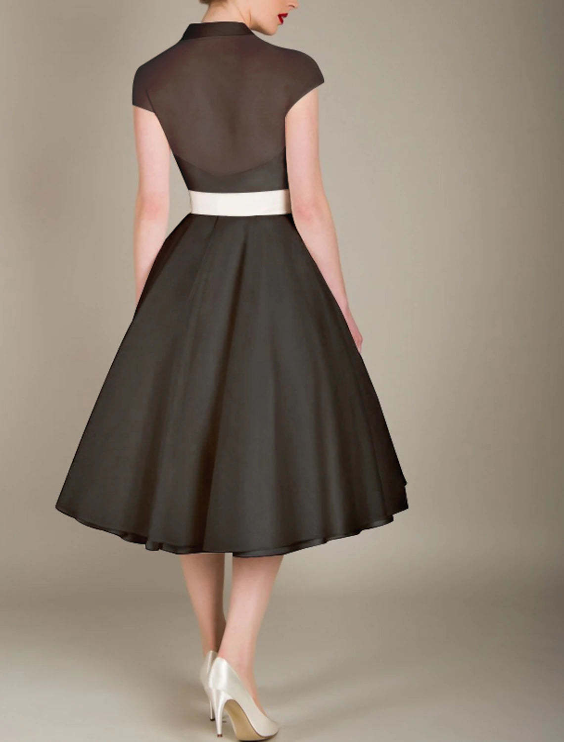 A-Line Cocktail Dresses 1950s Dress Graduation Cocktail Party Knee Length Sleeveless V Neck Wednesday Addams Family Tulle with Sash / Ribbon-SOGOTADE