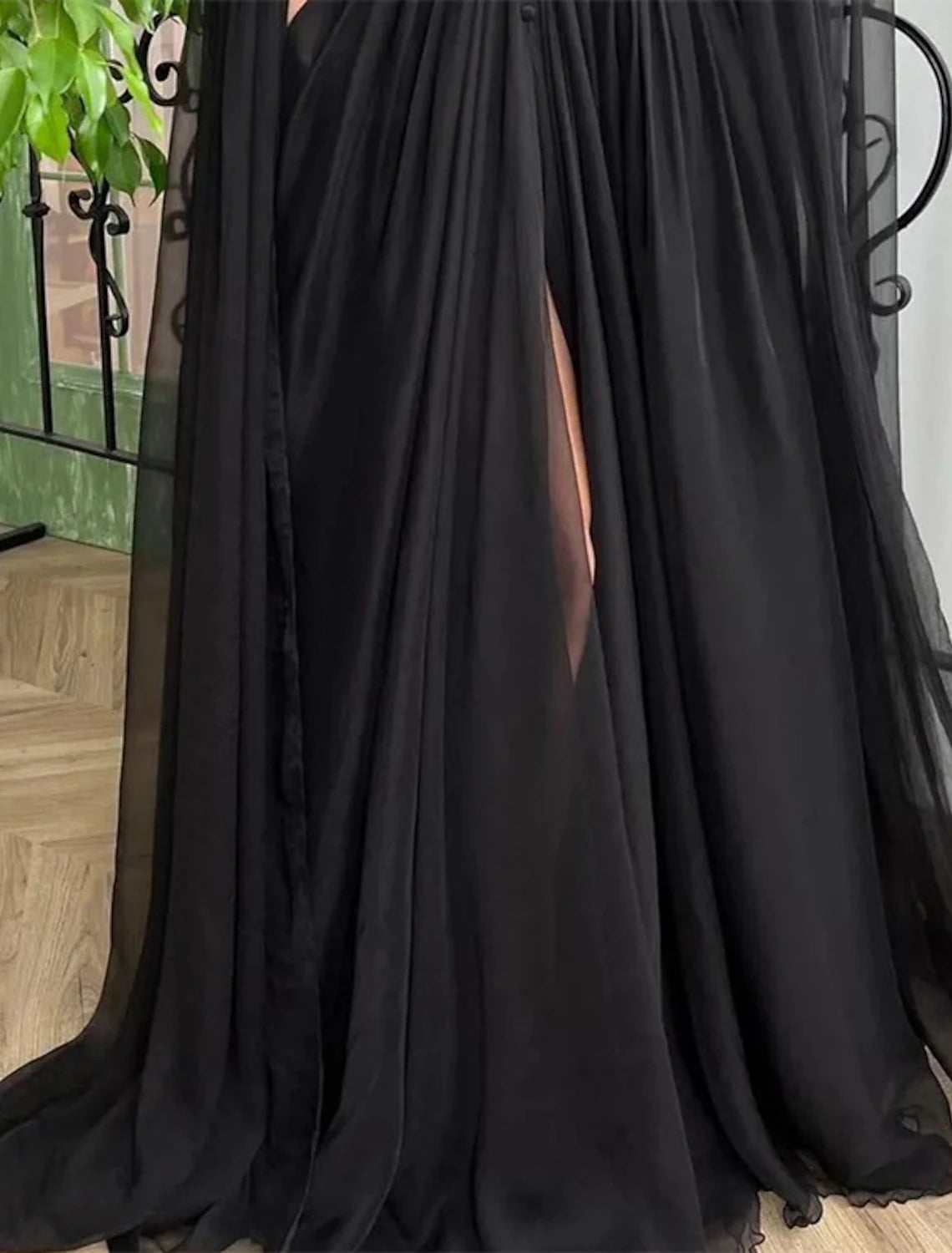 A-Line Evening Gown Black Dress Plus Size Formal Masquerade Court Train Long Sleeve V Neck Wednesday Addams Family Chiffon with Buttons Slit Appliques 2024-SOGOTADE