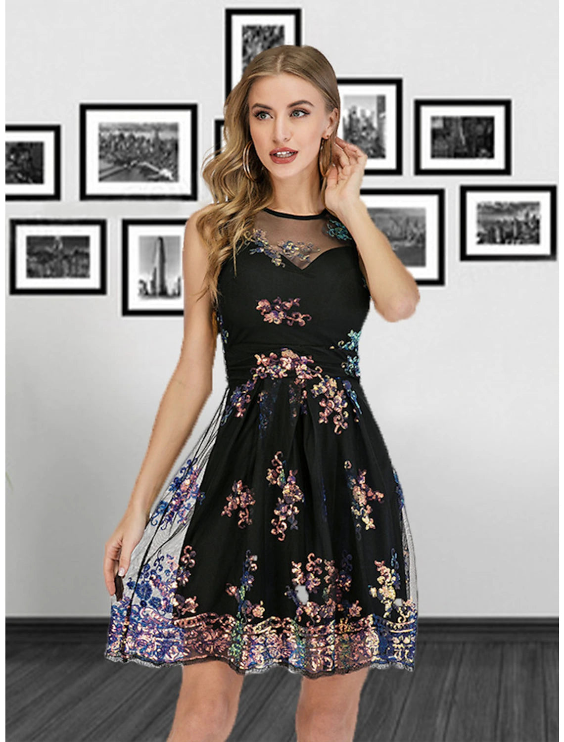 A-Line Cocktail Dresses Glittering Dress Party Wear Cocktail Party Short / Mini Sleeveless Illusion Neck Tulle with Pleats Sequin-SOGOTADE