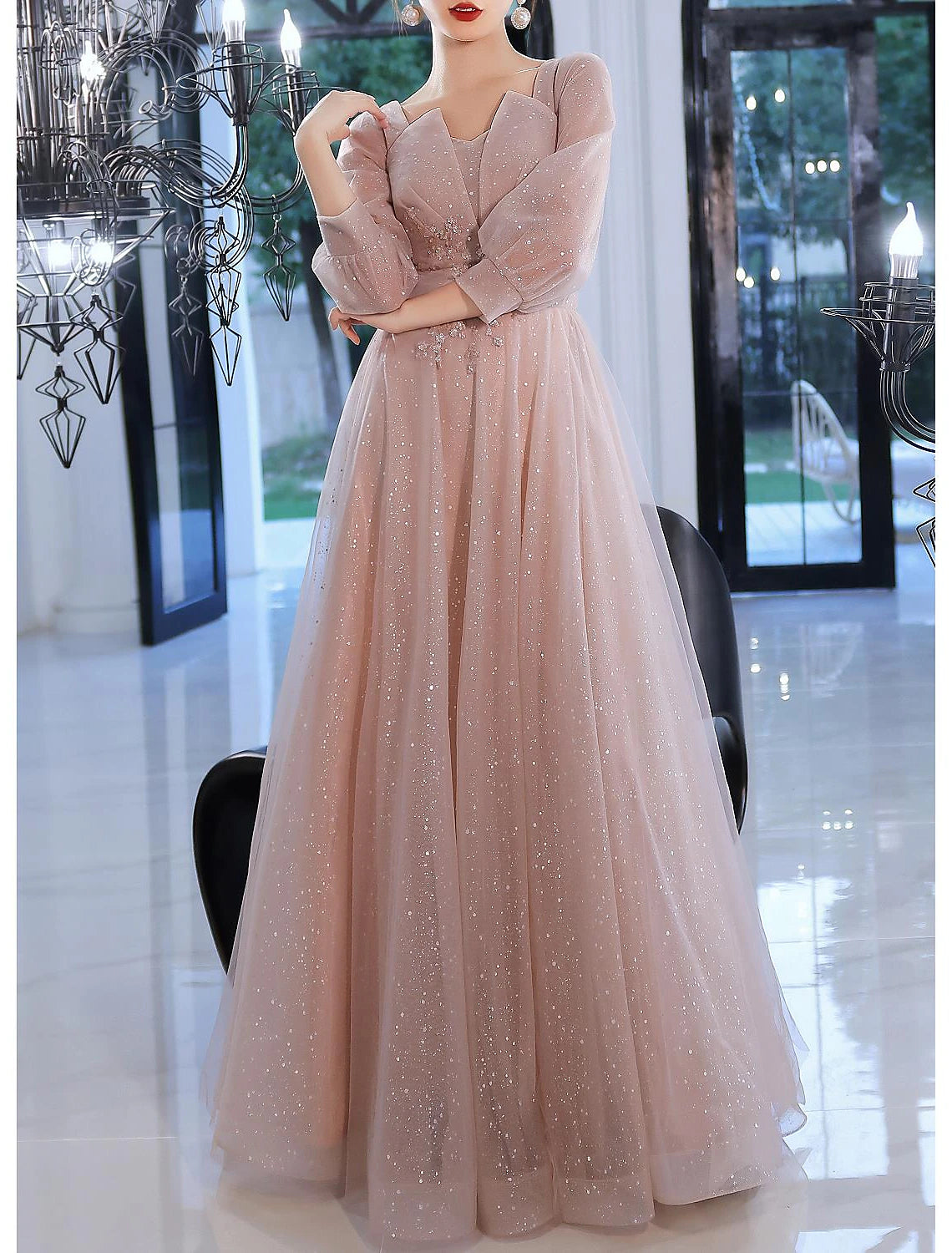 A-Line Beautiful Back Elegant Prom Formal Evening Dress V Neck V Back 3/4 Length Sleeve Floor Length Lace with Appliques 2024-SOGOTADE