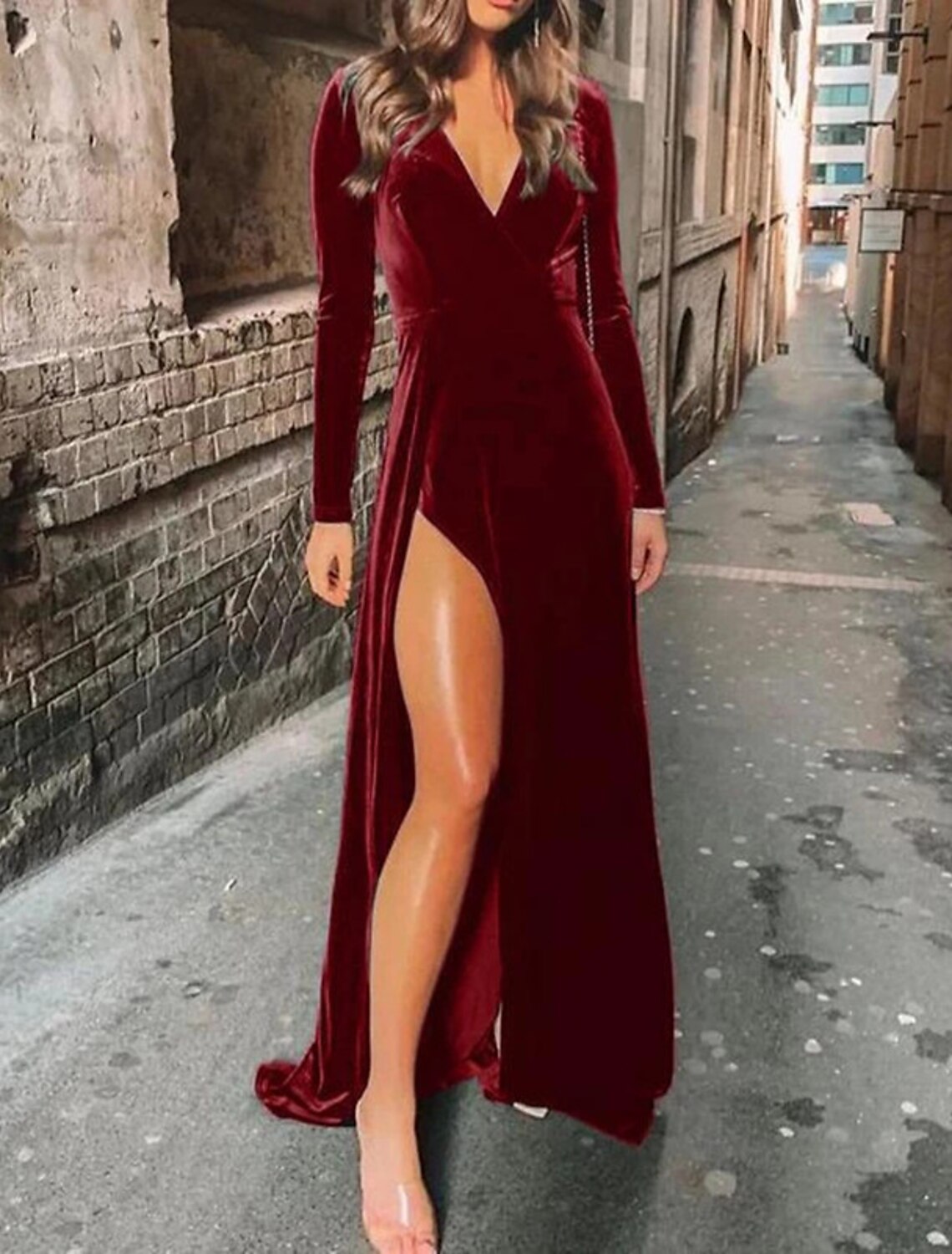 A-Line Bridesmaid Dress V Neck Long Sleeve Sexy Sweep / Brush Train Velvet with Split Front-SOGOTADE
