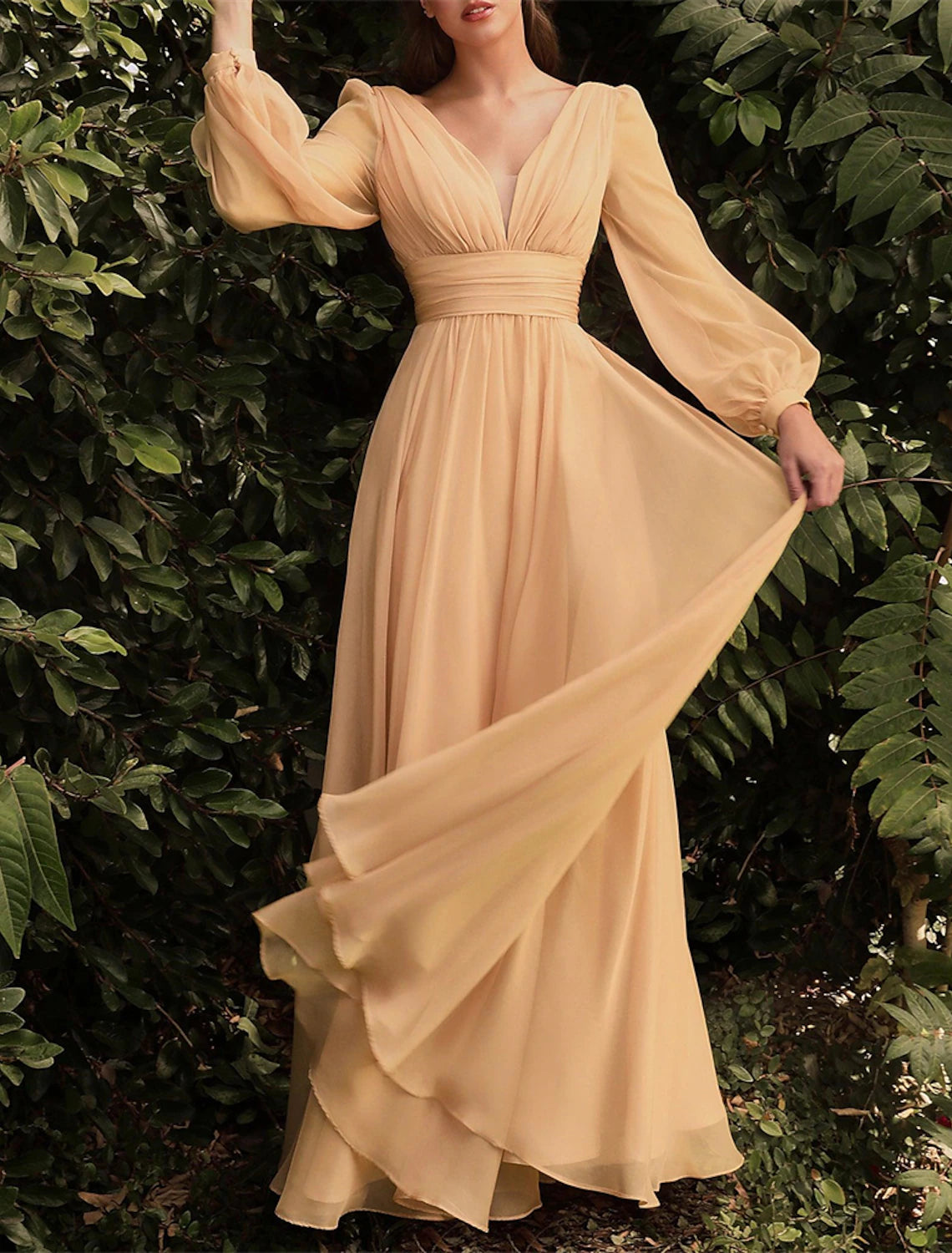 A-Line Bridesmaid Dress V Neck Long Sleeve Blue Floor Length Chiffon with Ruching / Solid Color-SOGOTADE