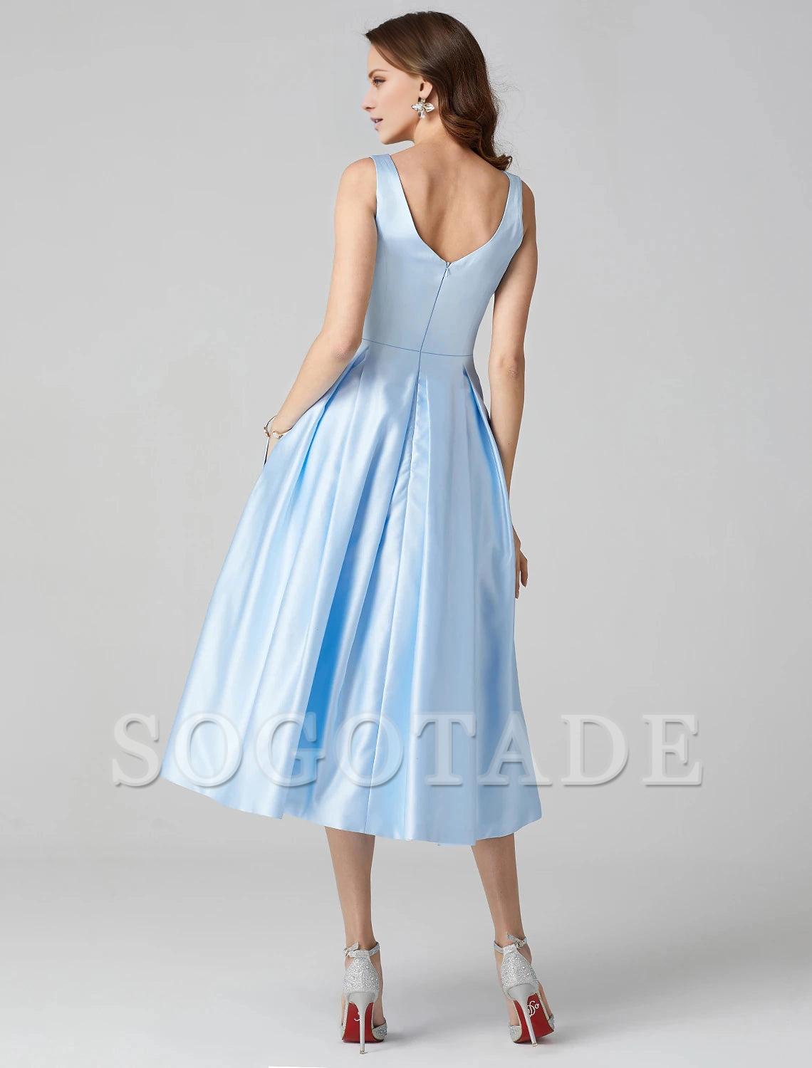 A-Line Cocktail Dresses Party Dress Formal Wedding Guest Tea Length Sleeveless Jewel Neck Pocket Satin with Pleats Shouder Flower-SOGOTADE