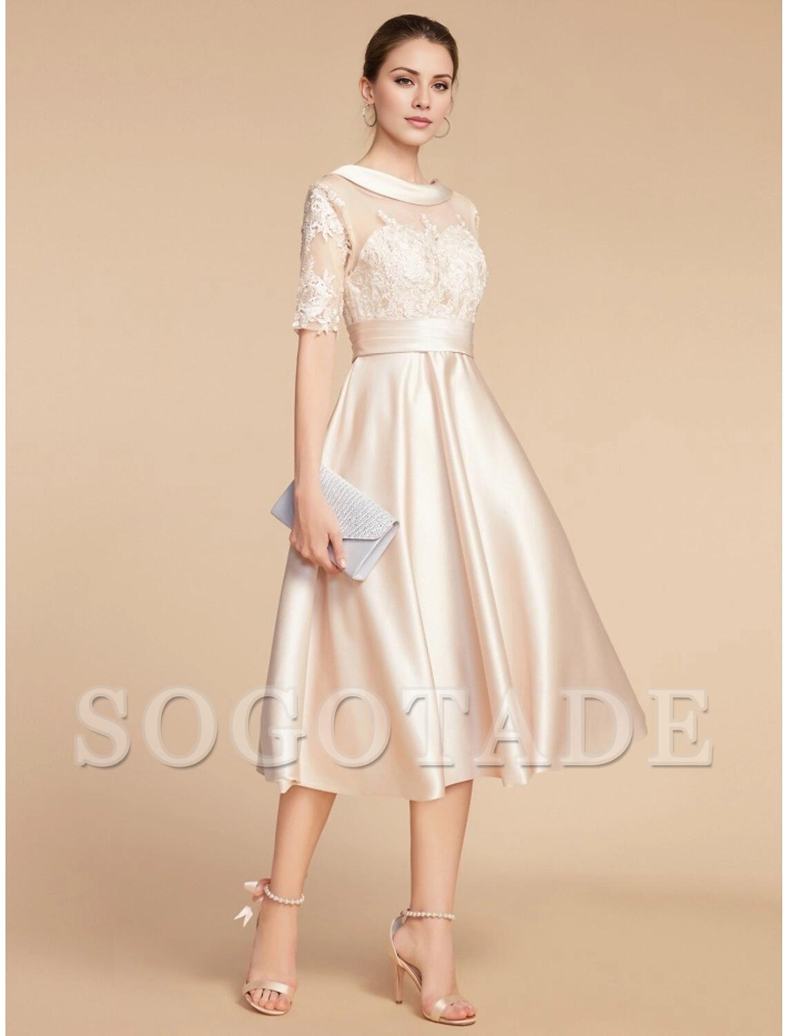 A-Line Mother of the Bride Dress Wedding Guest Elegant Petite Scoop Neck Knee Length Satin Lace Half Sleeve with Appliques Ruching Solid Color-SOGOTADE