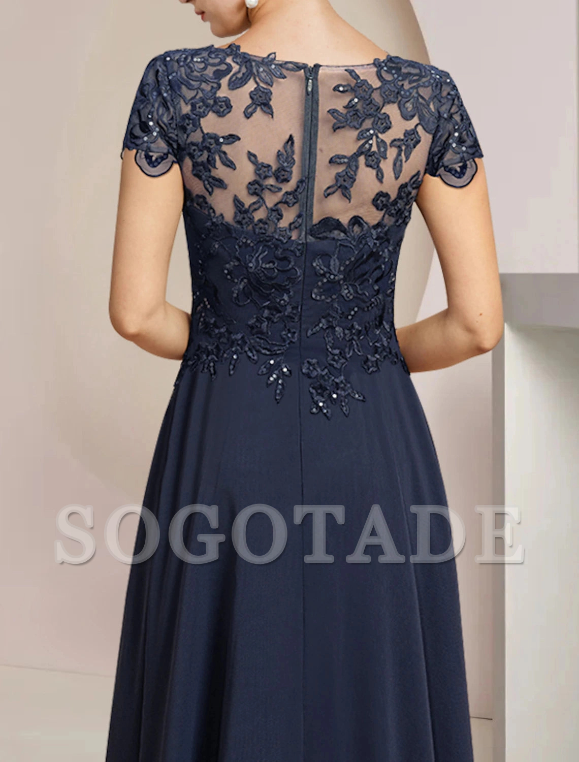 A-Line Mother of the Bride Dress Formal Wedding Guest Elegant High Low Scoop Neck Asymmetrical Tea Length Chiffon Lace Short Sleeve with Sequin Appliques-SOGOTADE