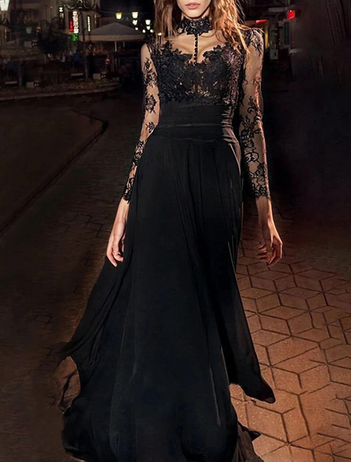 A-Line Evening Gown Vintage Dress Masquerade Floor Length Long Sleeve High Neck Black Dress Chiffon with Appliques-SOGOTADE
