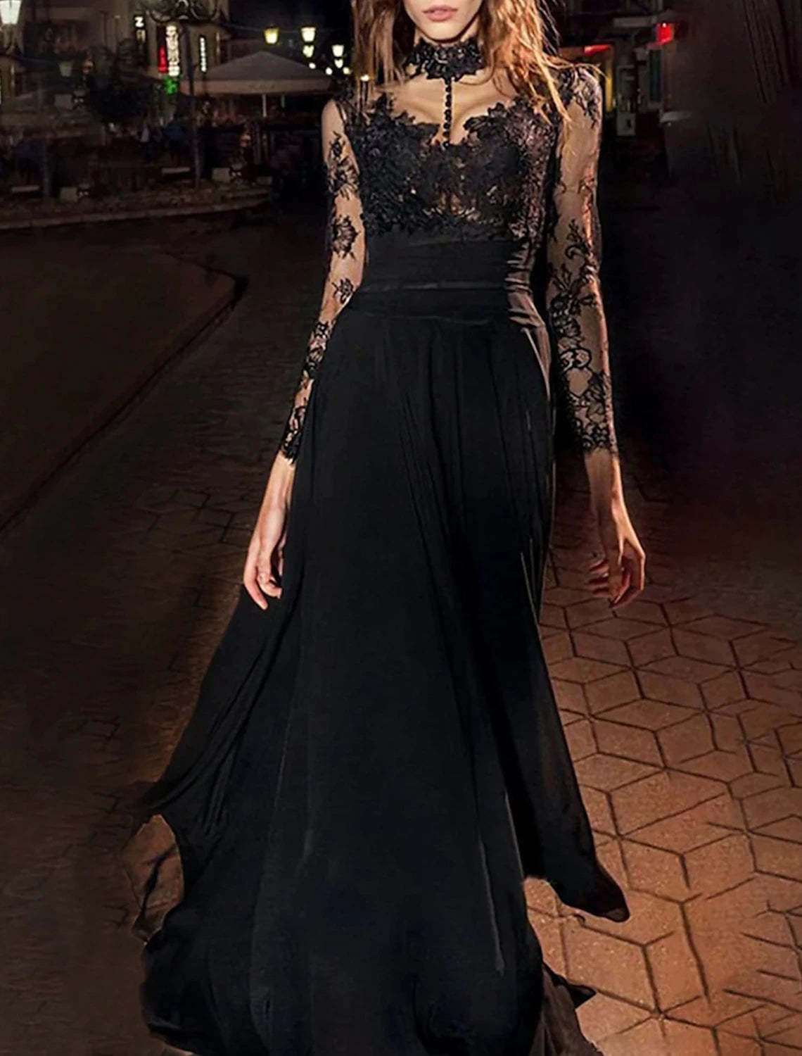A-Line Evening Gown Vintage Dress Masquerade Floor Length Long Sleeve High Neck Black Dress Chiffon with Appliques-SOGOTADE