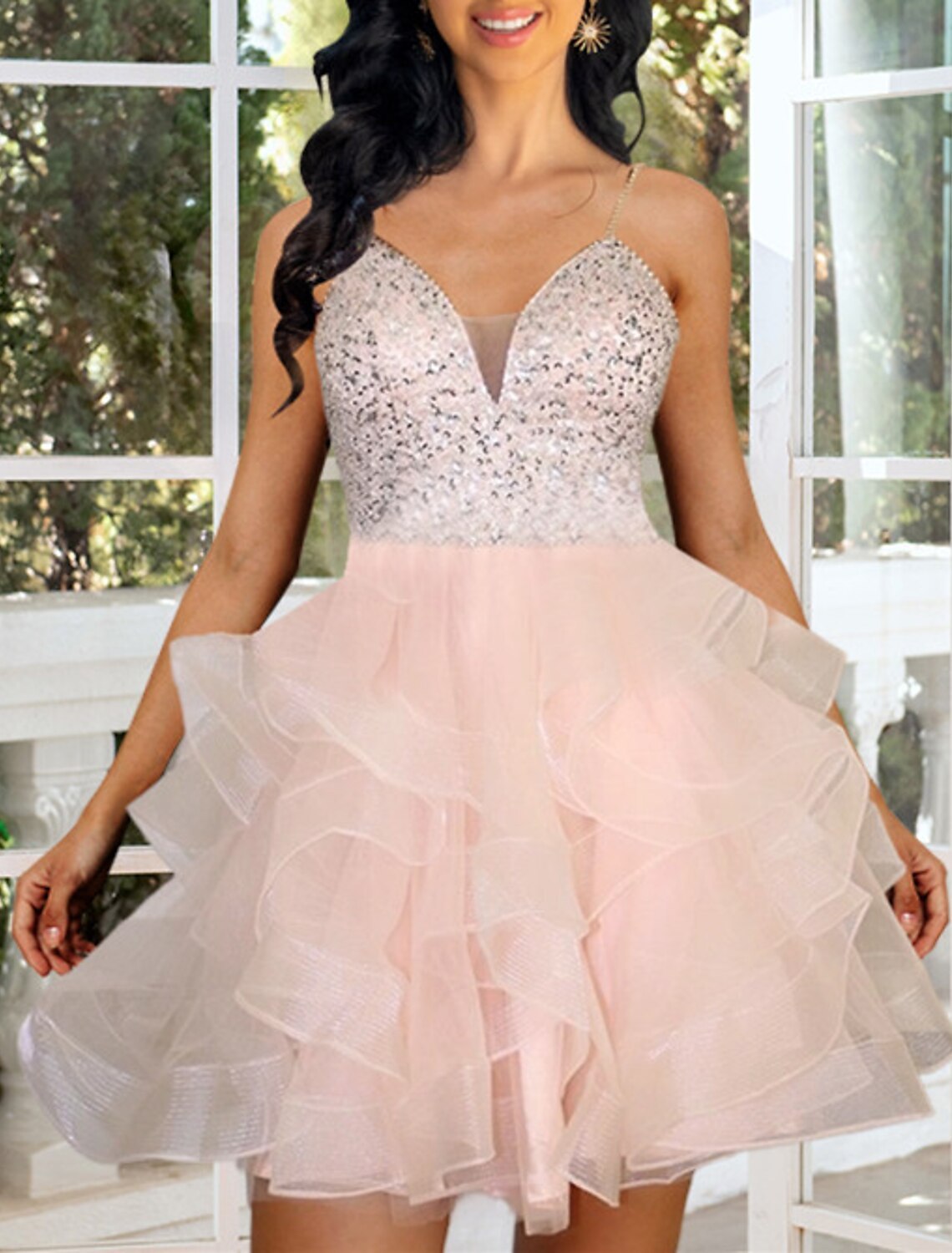 A-Line Homecoming Dresses Tiered Plisse Dress Graduation Cocktail Party Short / Mini Sleeveless Spaghetti Strap Pink Dress Organza with Beading Sequin-SOGOTADE