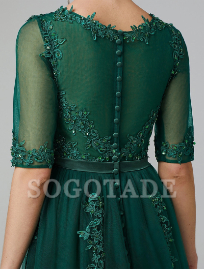 A-Line Cocktail Dress Christmas Red Green Dress Formal Evening Kentucky Derby Tea Length Sleeveless Illusion Neck Fall Wedding Guest Lace Over Tulle with Sequin Appliques-SOGOTADE