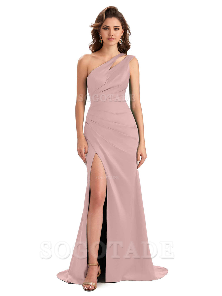 Mermaid One Shoulder Satin Sexy formal dresses evening gown Bridesmaid Dresses With Side Slit 