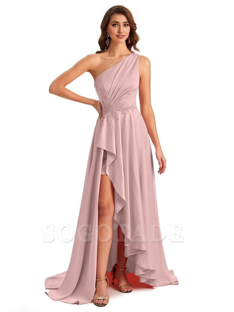 Sexy One Shoulder A-Line High Low Silky Satin Lace Long Formal Wedding Guest Dresses