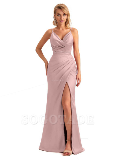 Sexy Side Slit V-Neck Mermaid Silky Satin Unique Long Formal Ladies Bridesmaid Dresses