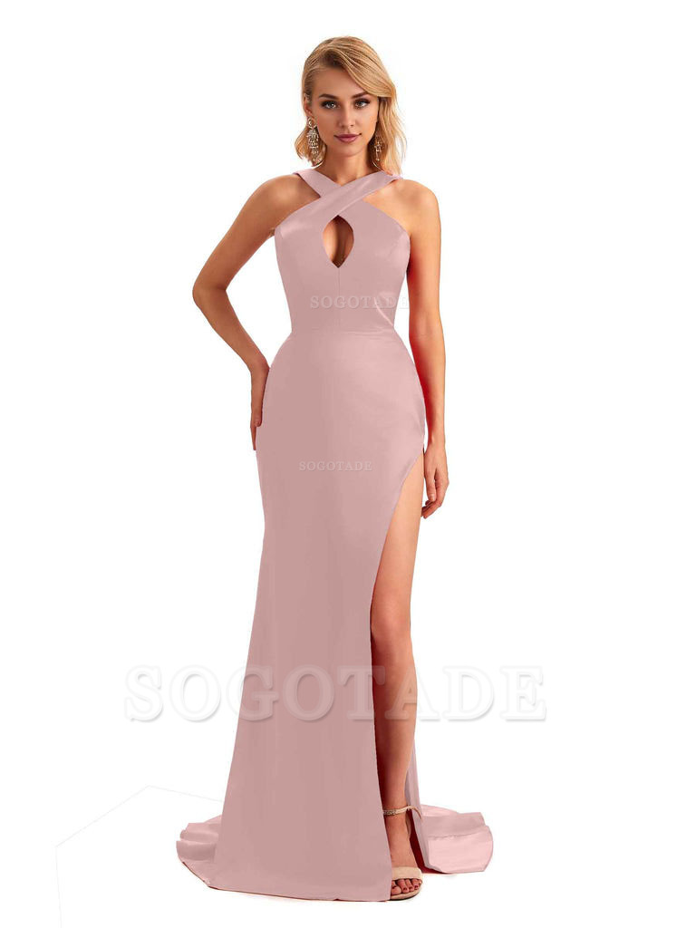Sexy Side Slit Halter Mermaid Silky Satin Unique Long Formal Wedding Bridesmaid Dresses