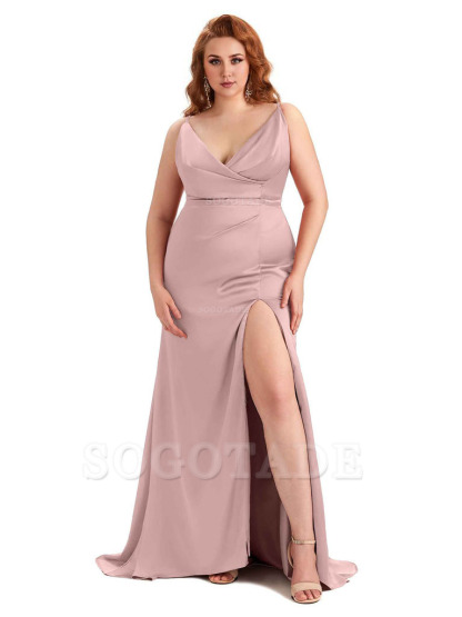 Sexy Side Slit Spaghetti Straps Mermaid Soft Satin Fashion Bridesmaid Dresses