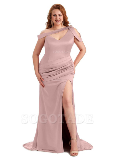 Sexy V-Neck Side Slit Unique Mermaid Soft Satin Long Plus Size Bridesmaid Dress For Wedding