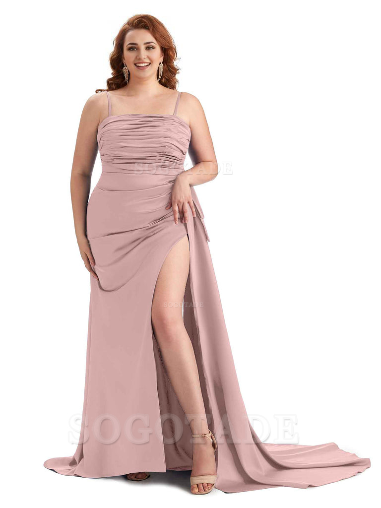 Sexy Side Slit Spaghetti Straps Mermaid Soft Satin Long Plus Size Bridesmaid Dresses Online