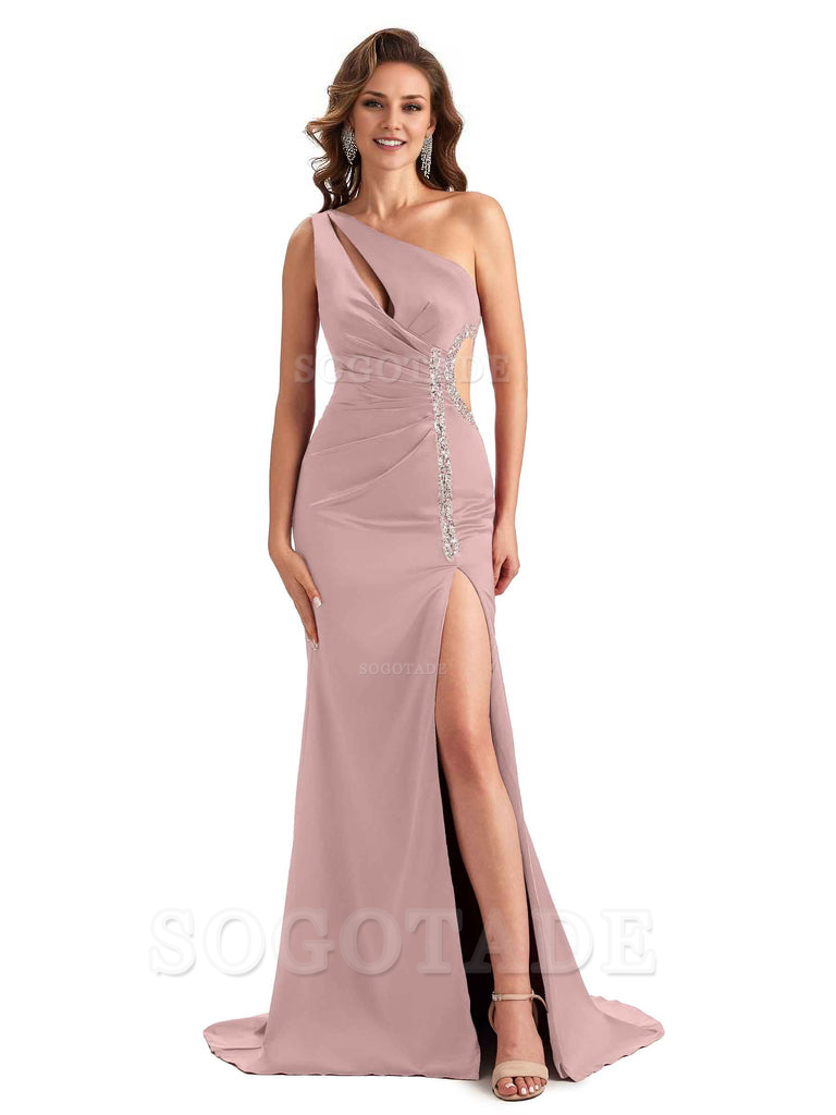 Sexy Side Slit Mermaid Soft Satin One Shoulder Lace Long Bridesmaid Dresses