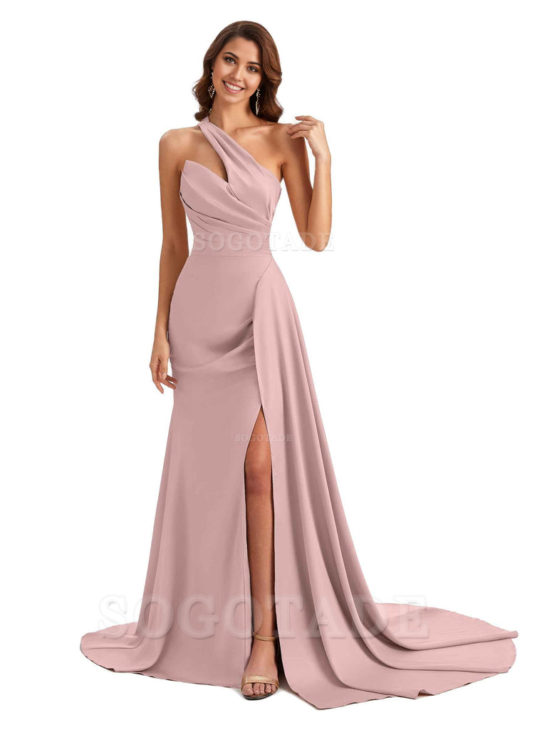 Mermaid One shoulder Satin formal dresses evening gown Bridesmaid Dresses With Side Slit 