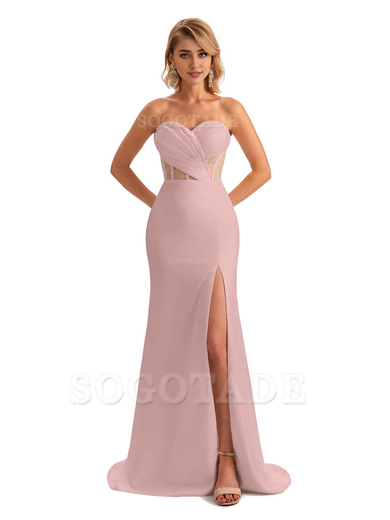 Sexy Sweetheart Strapless Side Slit Mermaid Soft Satin Unique Long Bridesmaid Dress For Wedding