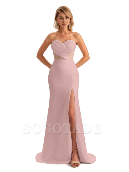 Sexy Sweetheart Strapless Side Slit Mermaid Soft Satin Unique Long Bridesmaid Dress For Wedding