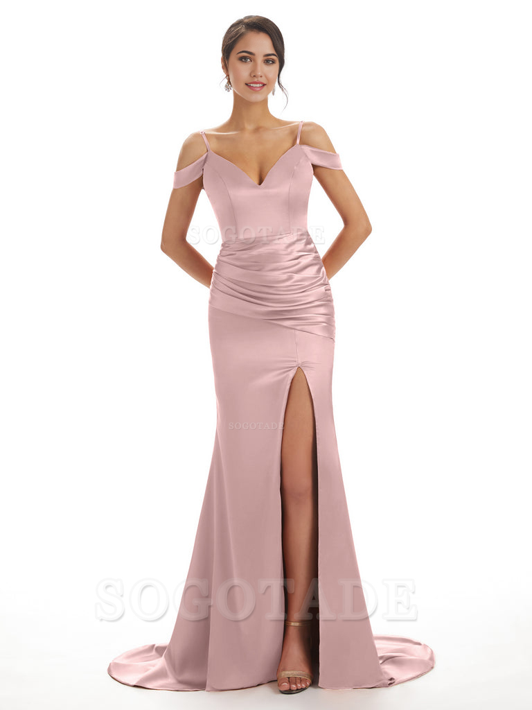 Mermaid Off The Shoulder Satin formal dresses evening gown Bridesmaid Dresses With Side Slit 