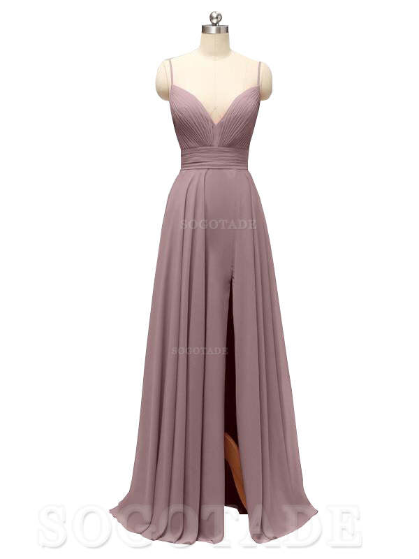 Honest Chiffon Spaghetti Straps Slit Long Bridesmaid Dresses prom shop dresses