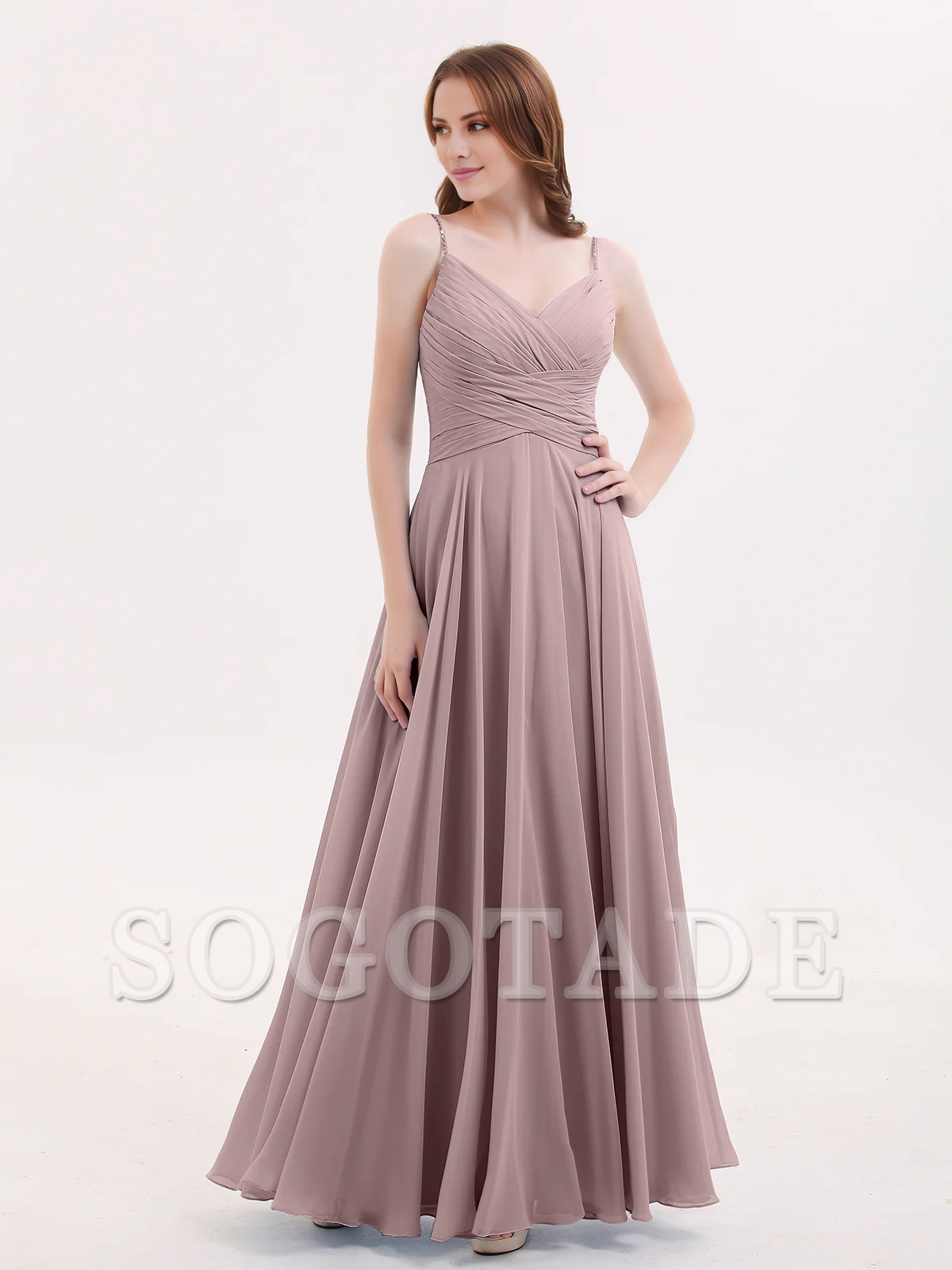 V-neck Fine Shoulder Strap Floor Length Chiffon Bridesmaid Dresses Online