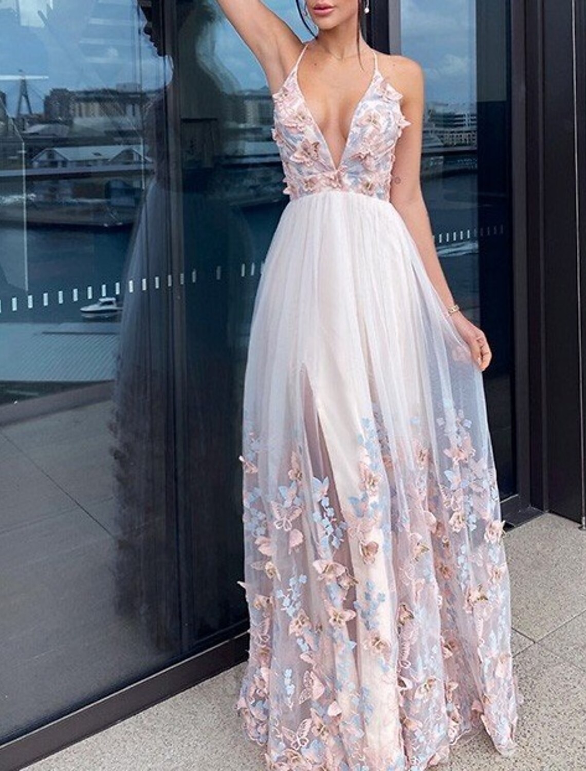 A-Line Evening Gown Party Dress Floral Dress Homecoming Wedding Guest Floor Length Short Sleeve V Neck Tulle with Draping Appliques-SOGOTADE