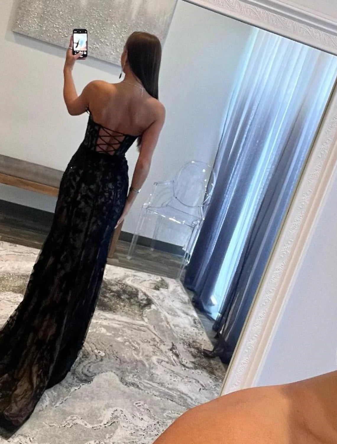 A-Line Mermaid Black Dress Plus Size Evening Gown Open Back Dress Graduation Prom Sweep / Brush Train Sleeveless Sweetheart Wednesday Addams Family Lace Backless with Glitter Slit Appliques 2024-SOGOTADE