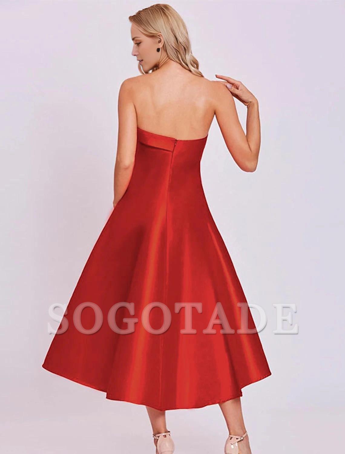 A-Line Cocktail Dresses Minimalist Dress Homecoming Wedding Guest Tea Length Sleeveless Strapless Satin with Sleek-SOGOTADE