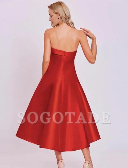 A-Line Cocktail Dresses Minimalist Dress Homecoming Wedding Guest Tea Length Sleeveless Strapless Satin with Sleek-SOGOTADE