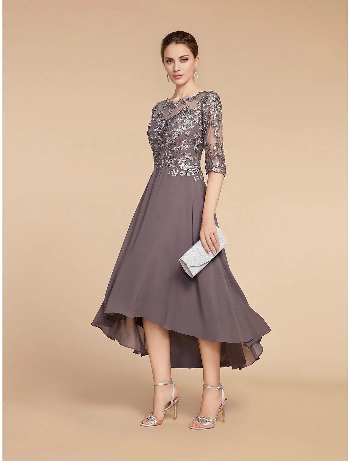 A-Line Mother of the Bride Dress Formal Wedding Guest Elegant High Low Scoop Neck Asymmetrical Tea Length Chiffon Lace Half Sleeve with Pleats Appliques-SOGOTADE