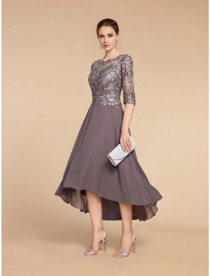 A-Line Mother of the Bride Dress Formal Wedding Guest Elegant High Low Scoop Neck Asymmetrical Tea Length Chiffon Lace Half Sleeve with Pleats Appliques-SOGOTADE