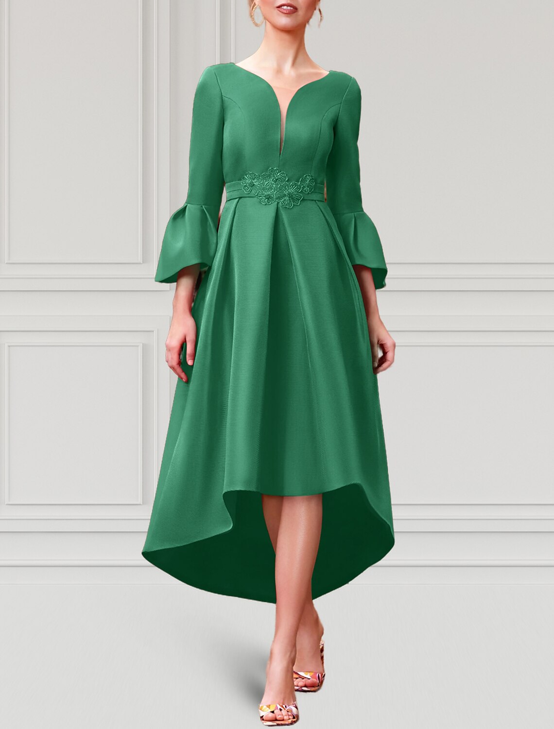 A-Line Cocktail Dresses Elegant Dress Formal Wedding Guest Asymmetrical 3/4 Length Sleeve V Neck Satin with Pleats 2024-SOGOTADE
