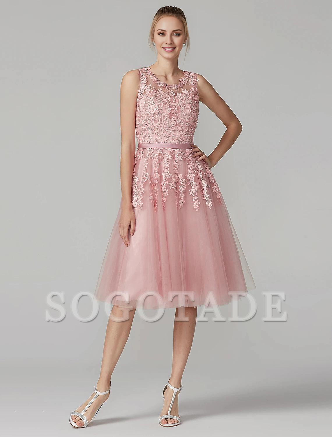 A-Line Cute Dress Cocktail Party Prom Knee Length Sleeveless Illusion Neck Tulle Over Lace with Beading Appliques-SOGOTADE