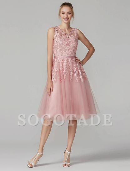 A-Line Cute Dress Cocktail Party Prom Knee Length Sleeveless Illusion Neck Tulle Over Lace with Beading Appliques-SOGOTADE