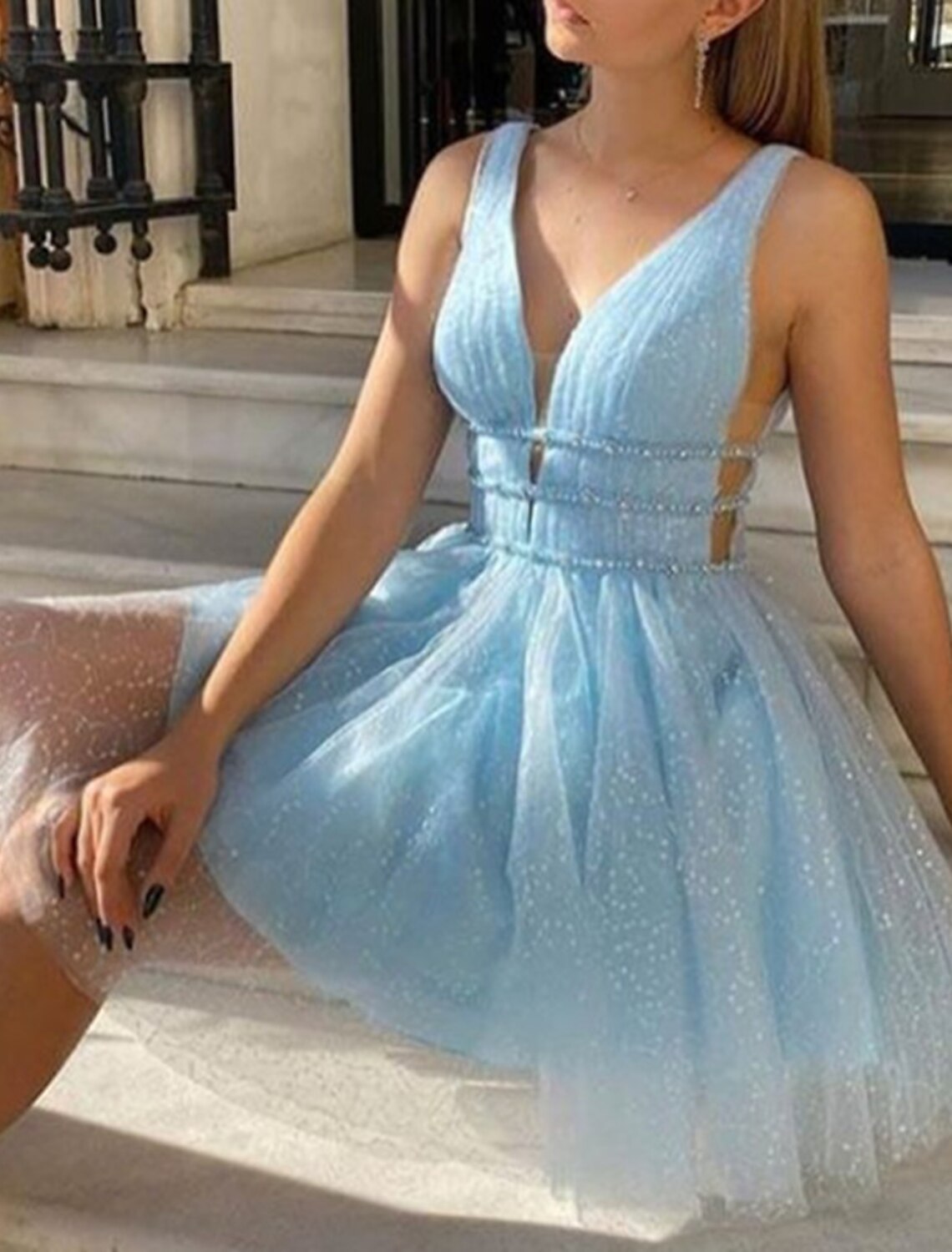 A-Line Homecoming Dresses Sleeveless Sparkle & Shine Dress Party Dress Knee Length V Neck Tulle With Sequin Pure Color-SOGOTADE