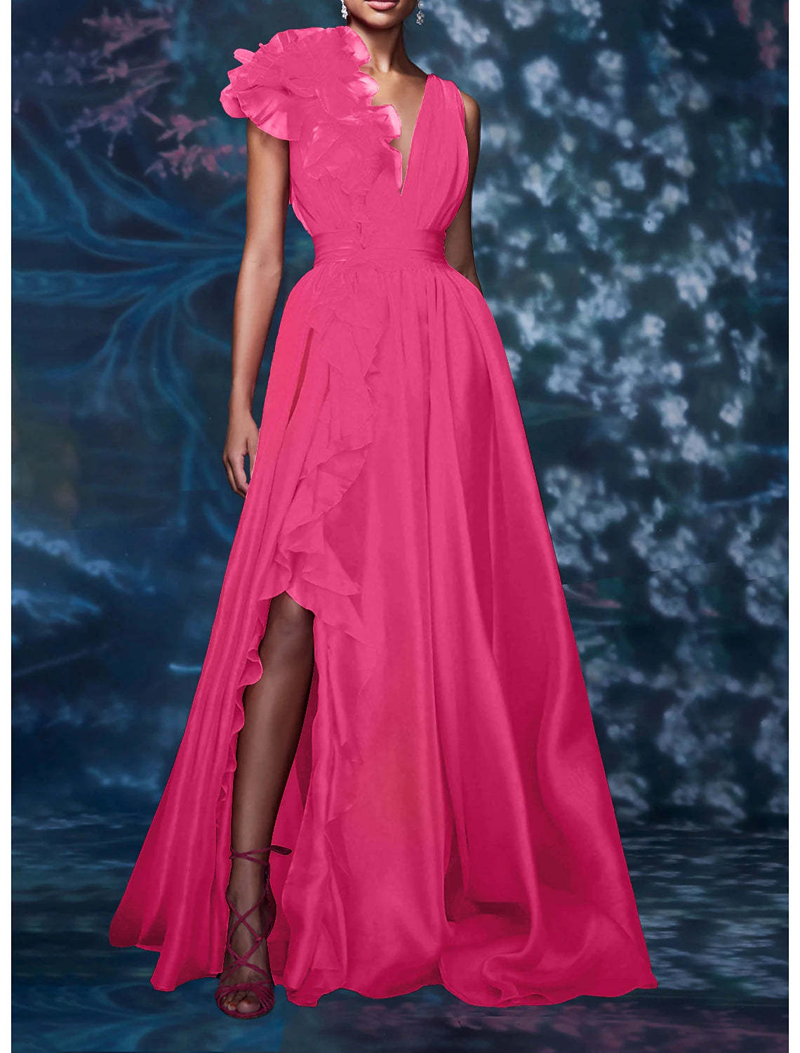 A-Line Evening Gown Celebrity Style Dress Red Green Dress Formal Wedding Guest Floor Length Sleeveless V Neck Chiffon with Slit Pure Color-SOGOTADE