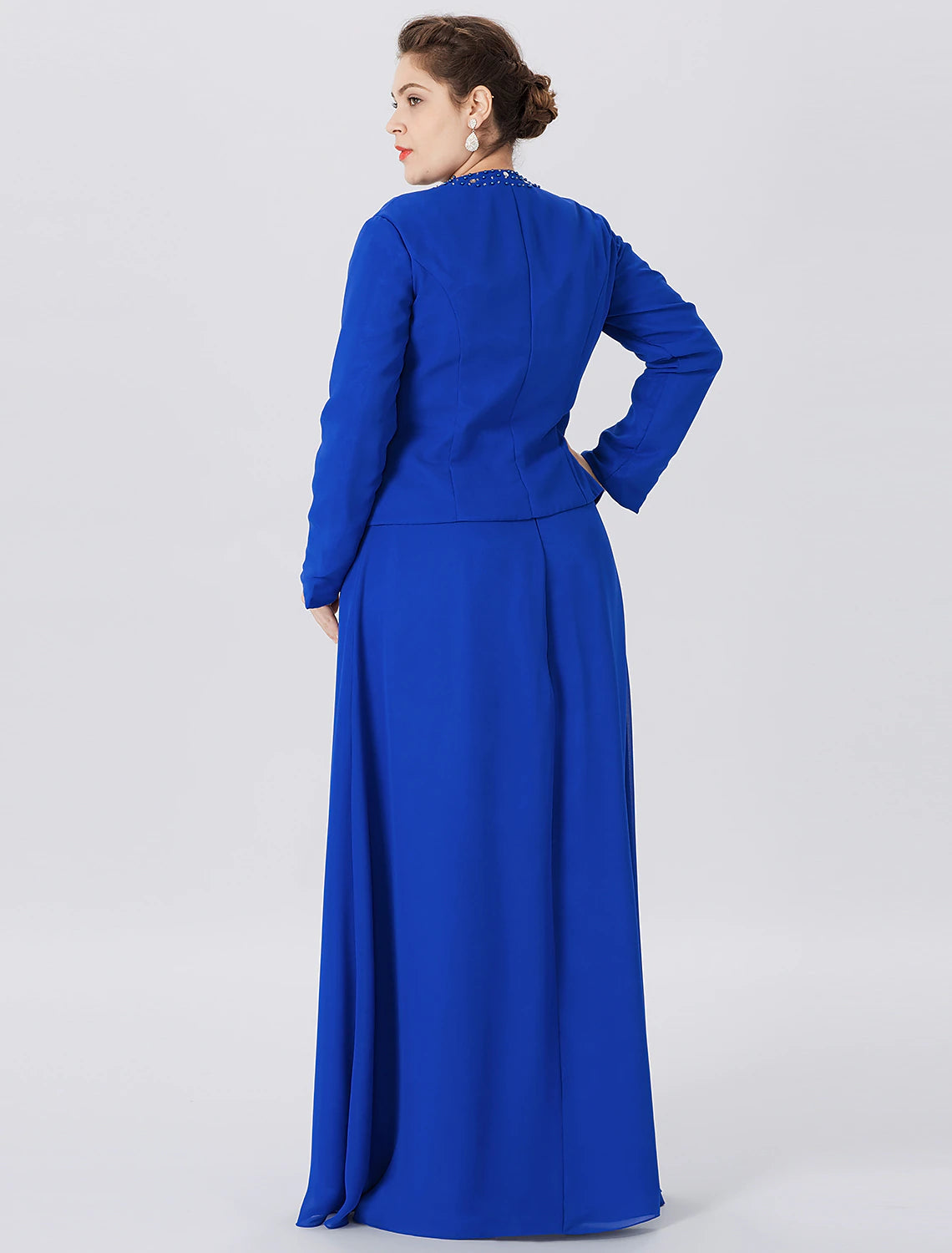 A-Line Mother of the Bride Dress Formal Classic & Timeless Elegant & Luxurious Plus Size Straps Floor Length Chiffon Lace Long Sleeve Wrap Included with Pearls Crystals-SOGOTADE